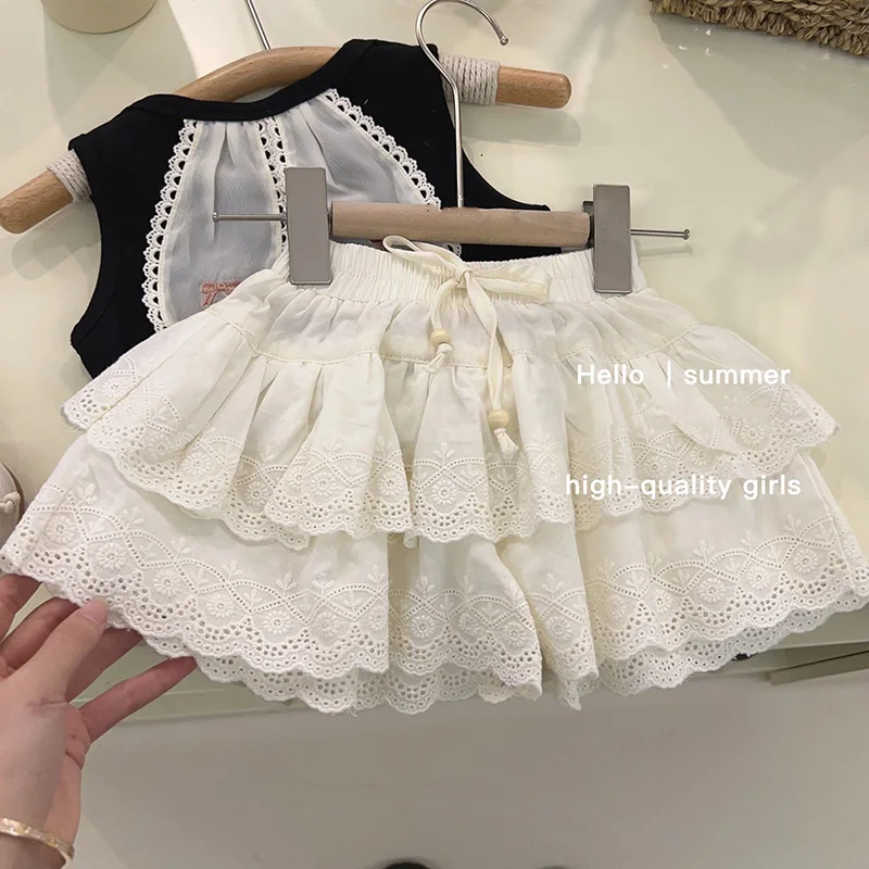 2024 New Summer 2-7Yrs Baby Girl Clothes Suit Short Sleeved Knitted Hollow Out Pullover+Skirt Pants Baby Girls Clothing Set