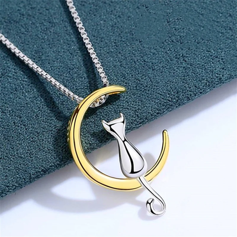 VENTFILLE 925 Sterling Silver Japanese and Korean Version of The Cat on The Moon Necklace Female Clavicle Chain Sen Simple Perso
