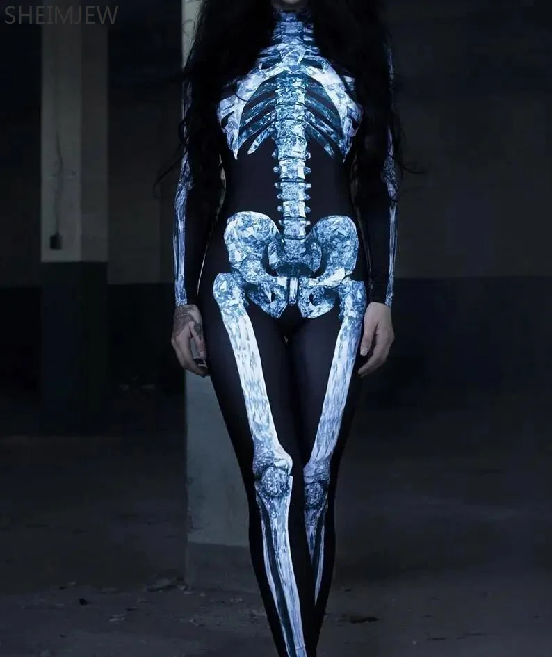 Neue Frauen Horror Schädel Cosplay Overall dunkles Skelett Zentai Anzüge Halloween Catsuit Karneval Party Bühne Performance Bodysuit