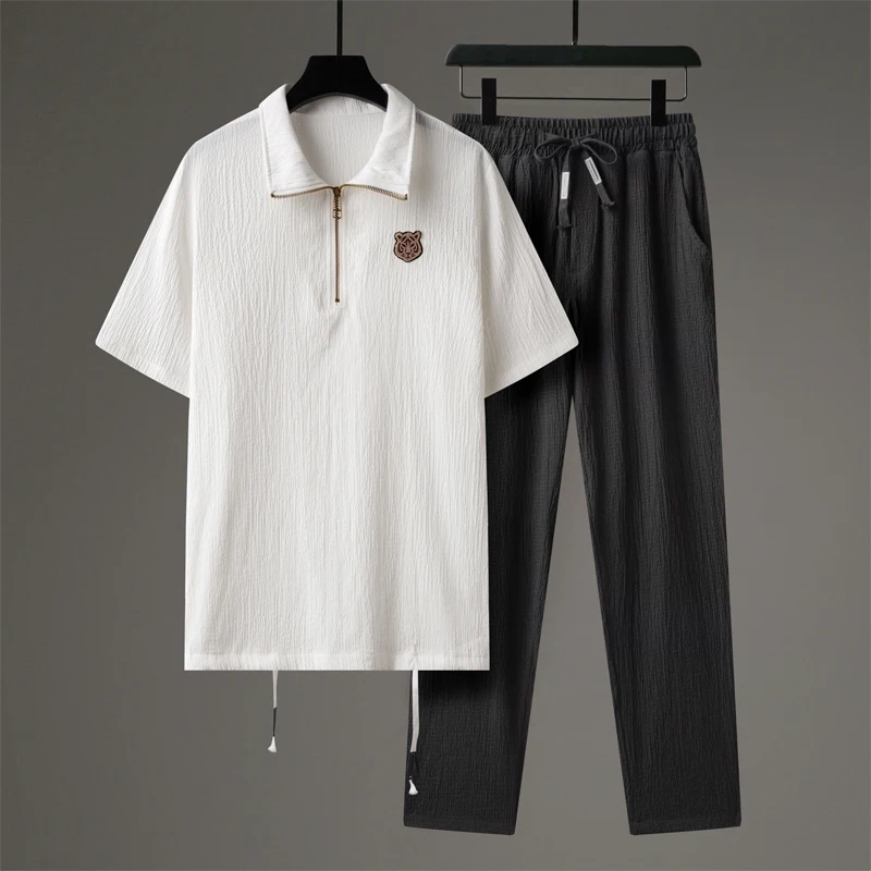 

Летний мужской комплект из ледяного шелка: легкий, свободный, повседневный костюм-двойка с молнией и коротким рукавом, тонкий, дышащий, комфортный