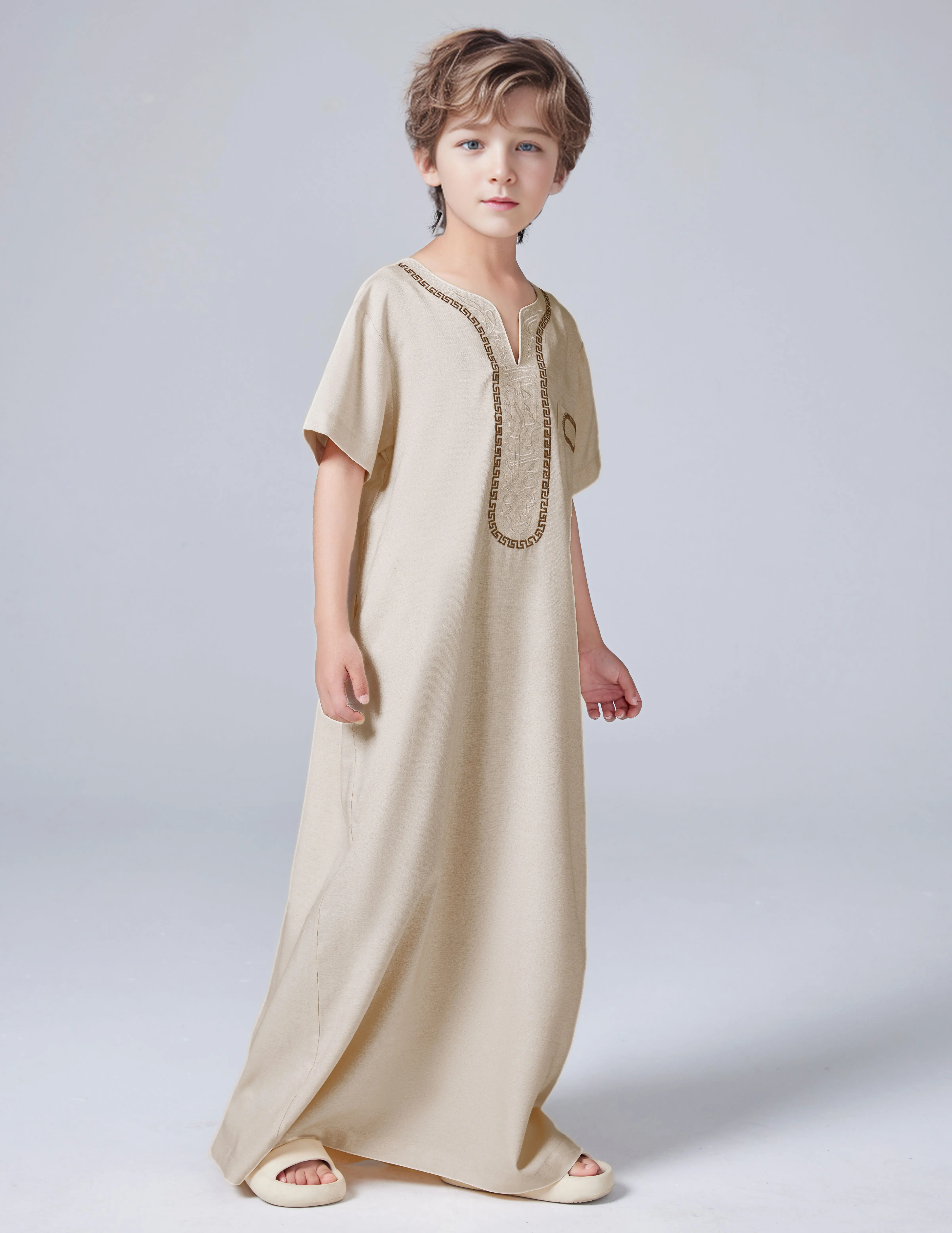 Jongens Midden-Oosten Traditionele Thobe Jongens Kaftan Ramadan Moslim Arabische Dubai Maleisische Losse Borduren Kinderkleding