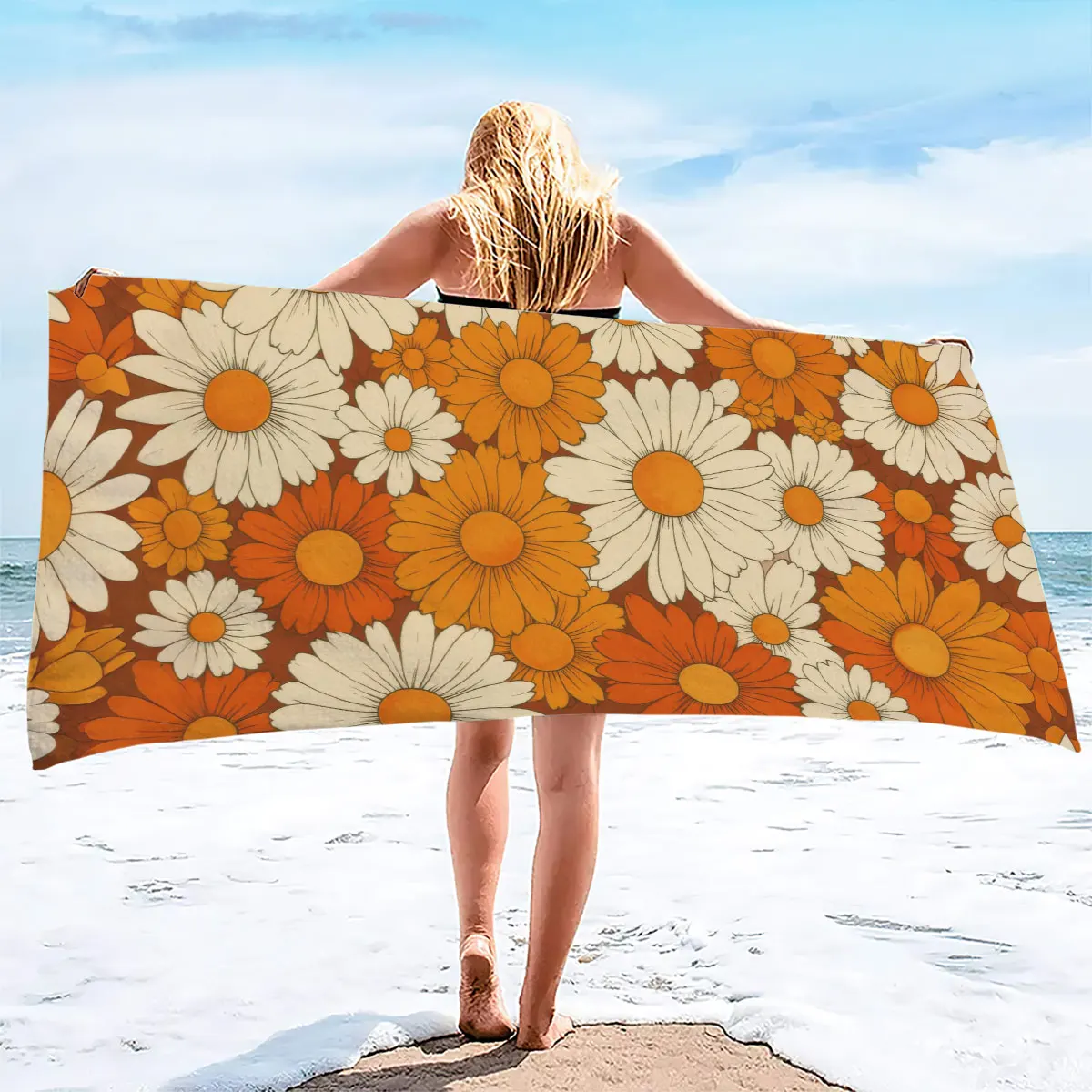 1PC Retro Orange and White Daisy Print Bath Towel Sports and lightweight Fitness Swimming yoga Towel Can Be Machine-Washed
