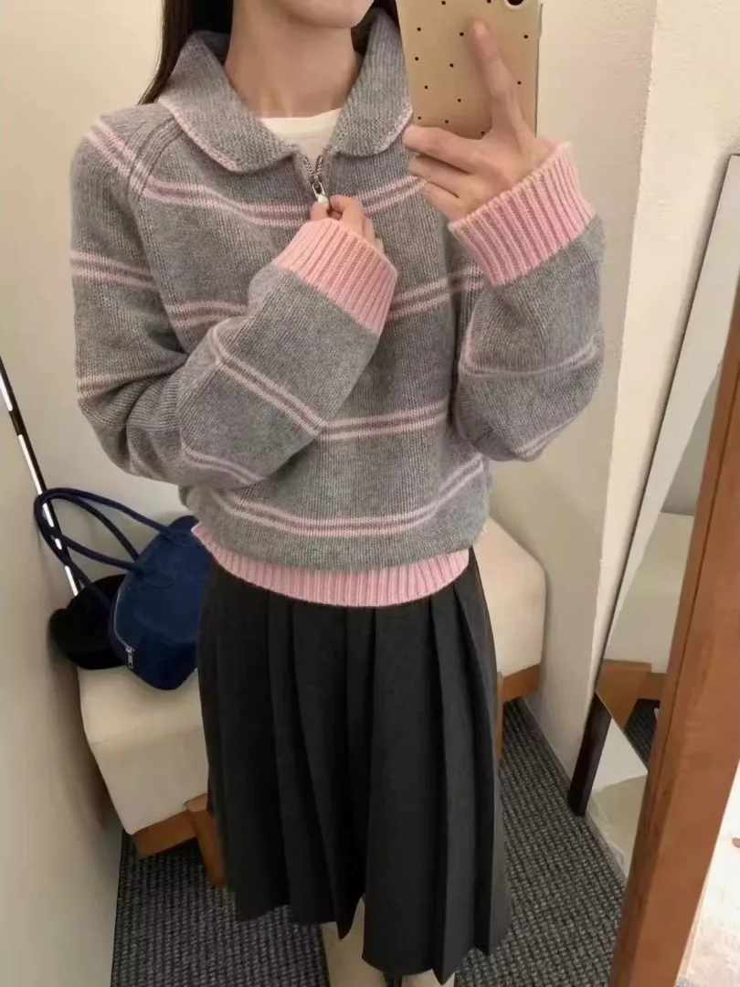Korean Casual College Style Striped Contrast Color  Collar Sweater Loose Knitted Winter Versatile Anti-Aging Design Women...