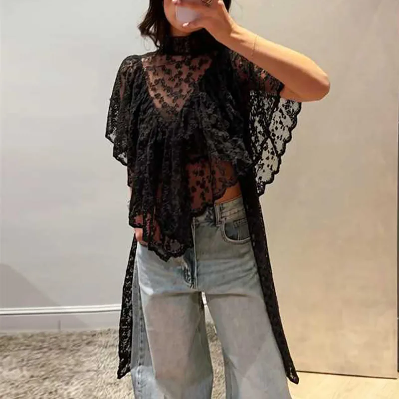

Sexy Sheer Floral Embroidery Loose Shirts Women Fashion Irregular Ruffles Solid Blouse 2026 Casual Cape Sleeve Summer Tank Tops