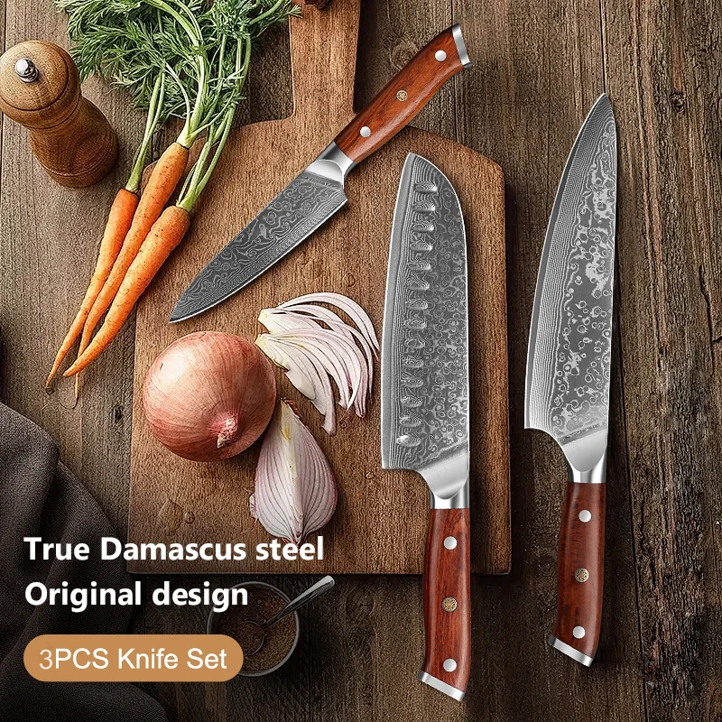 3PCS Chef Knife Set VG10 Damascus Steel 67 Layers Rosewood Handle 60HRC Sharpness Gift Box Kitchen Tool