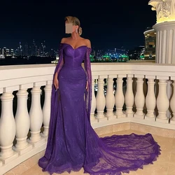 Purple Lace Exquisite Sweetheart Chapel Train Evening Dress Straight Floor Length Off the Shoulder Long Sleeves Vestido De Festa