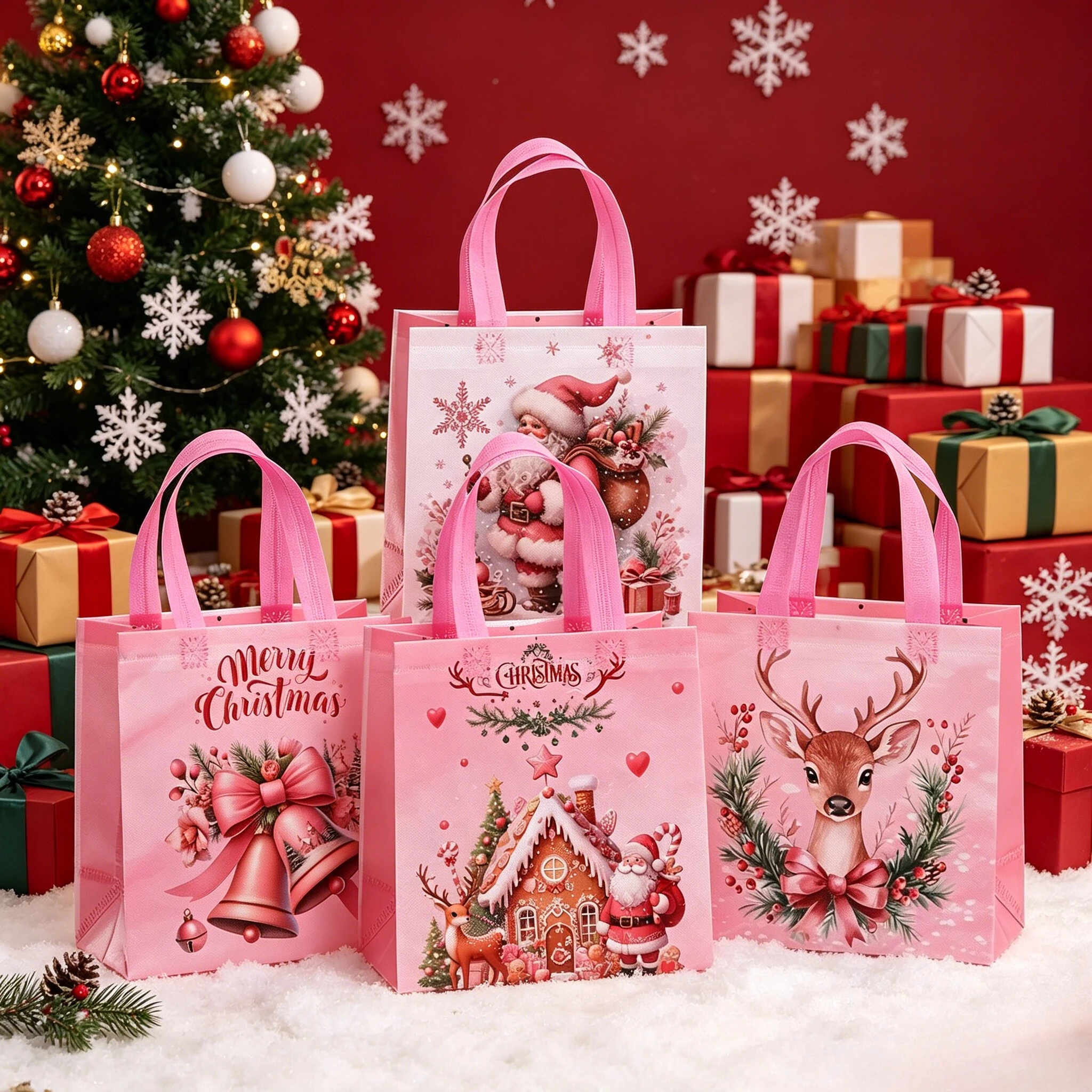 4/8pcs Pink Christmas Tote Bags with Handles,Santa Claus Elk Bell Pattern Reusable Gift Bag,Grocery Shopping Bag, Gift Wrapping