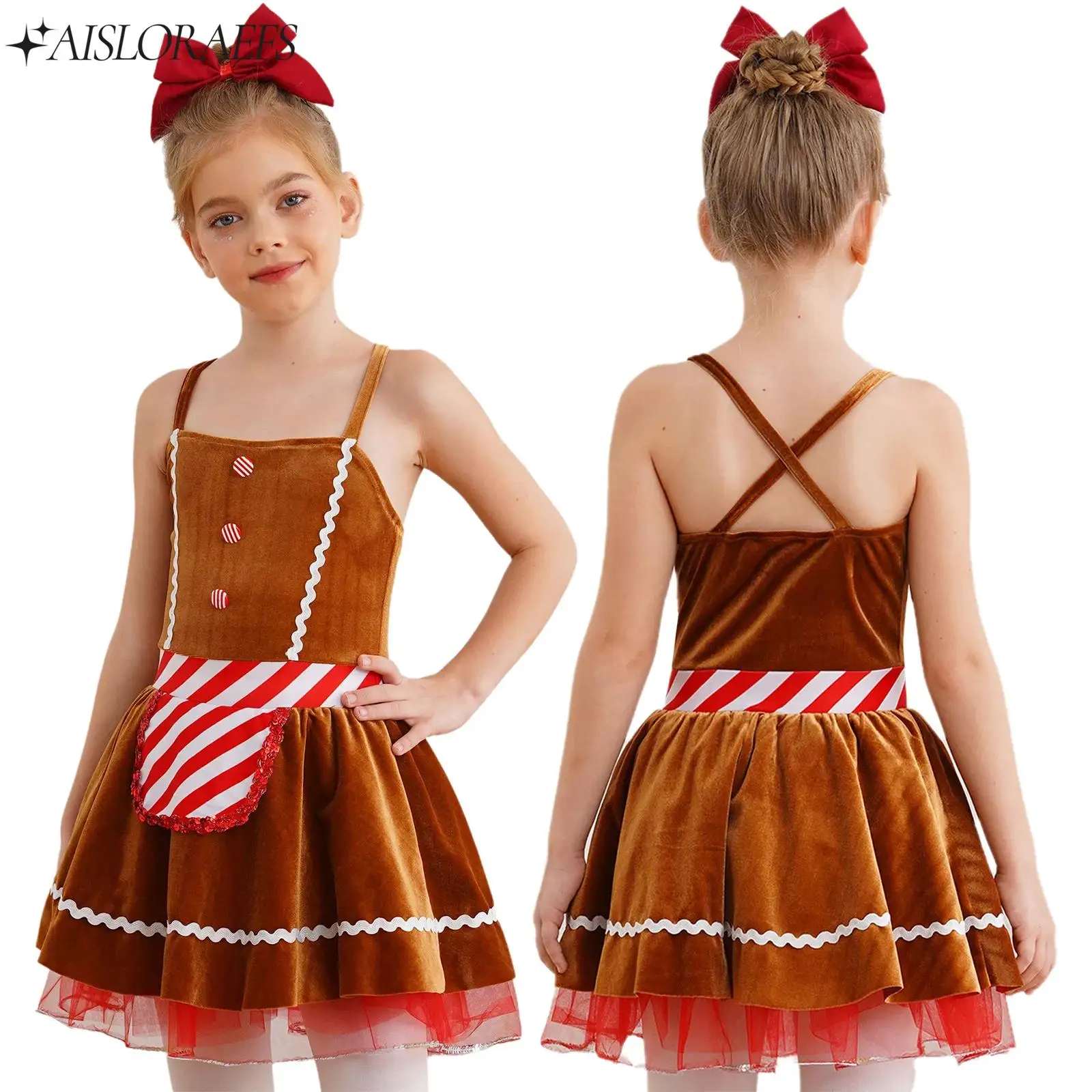 Girls Christmas Brown Gingerbread Man Cosplay Dresses Costume Christmas Santa Dance Dress Ballet Tutu Dress Dancewear Cami Dress