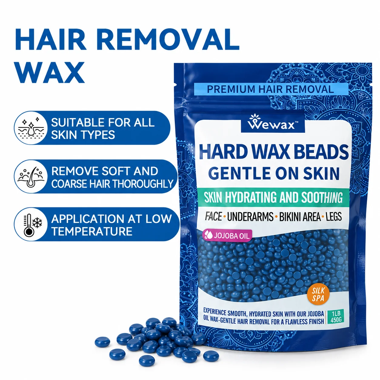 WEWAX 450g Dark Blue Hard Wax Beads Family Pack, Premium Brazilian Beeswax Wax Beans, Strong Adhesion, Precise Paperless Quick Hair Removal, for Full Body Bikini Area Hands Legs, Normal Skin, Salon Home Body Care Wax, Unisex
