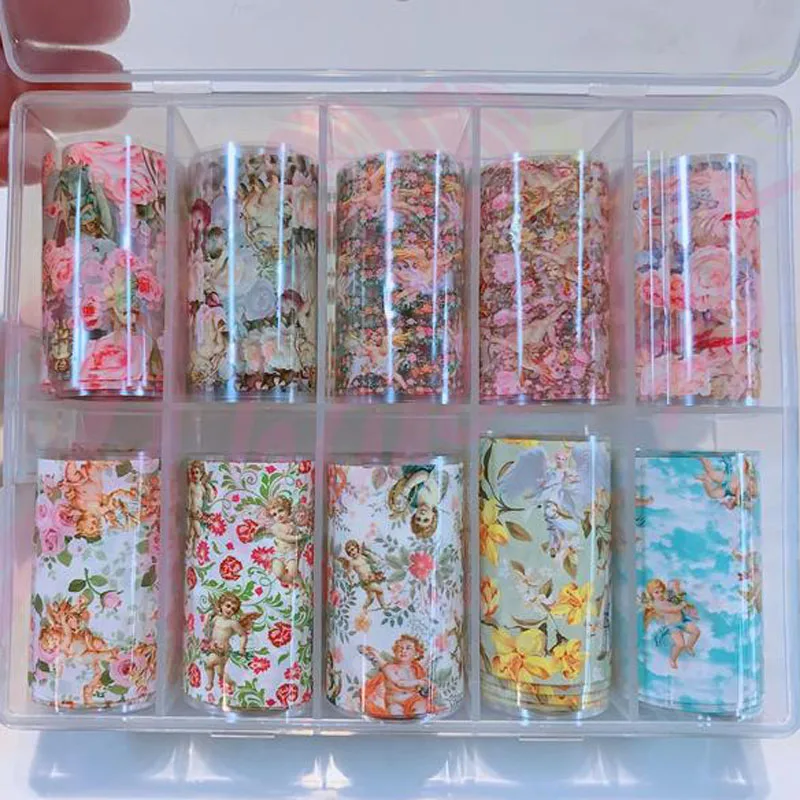 10 Rolls Flower Angel Nail Foils Transfer Paper Stickers Bohemia Sliders Adhesive Wraps DIY Marble Decal Nail Art Decorations
