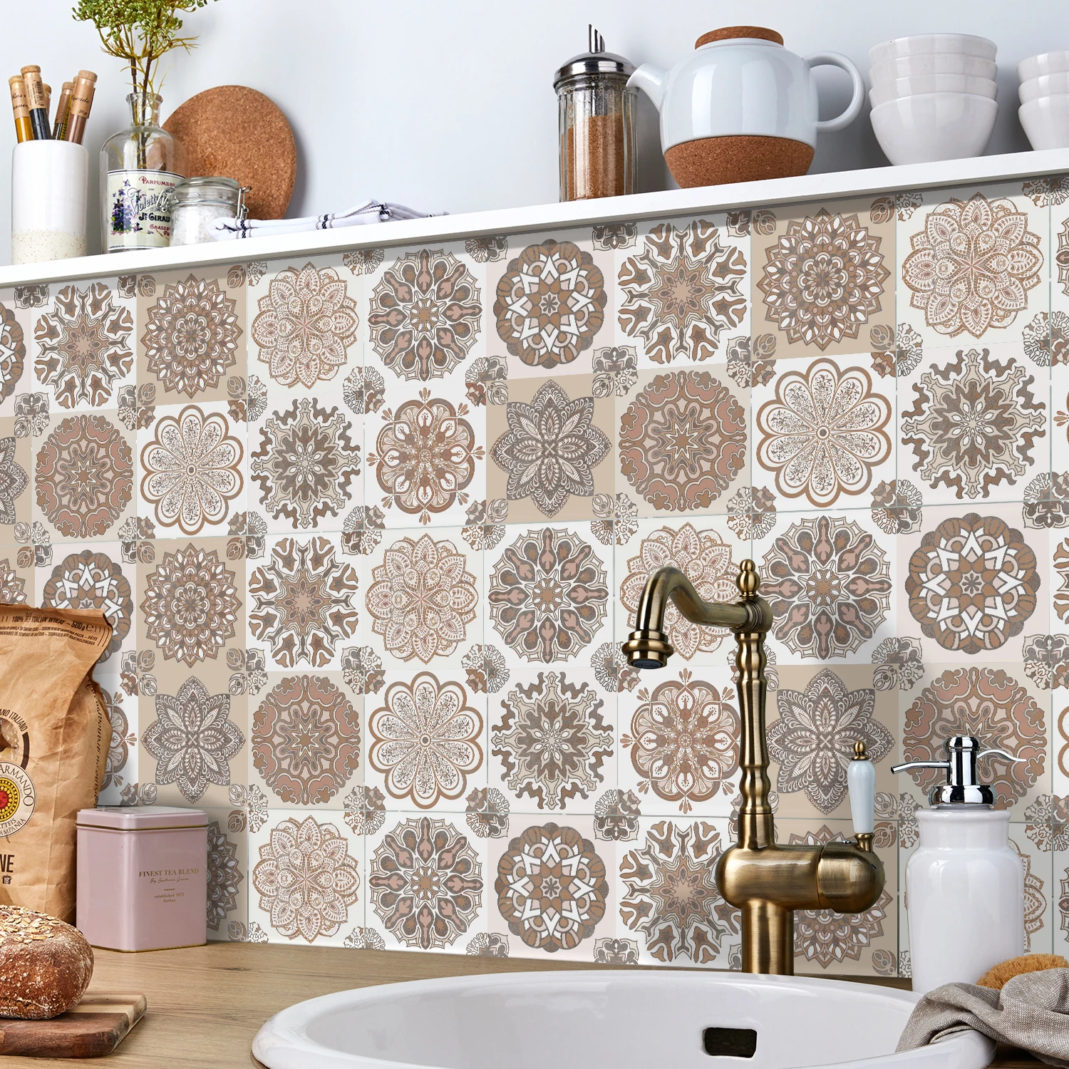 

24pcs European Style Mandala Pattern Peeling Wall Sticker Bathroom Living Room Decoration Self-Adhesive Waterproof PVC Wallpaper