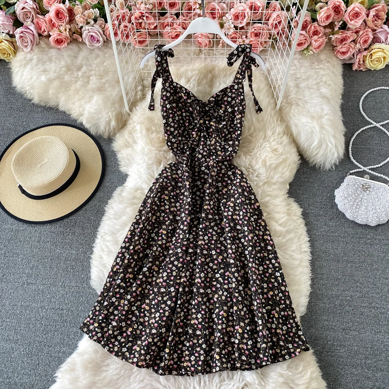 Floral Chiffon Dress Lace Up Women's 2023 Summer New V-Neck Slim A-line Short Slim Spaghetti Strap Dresses