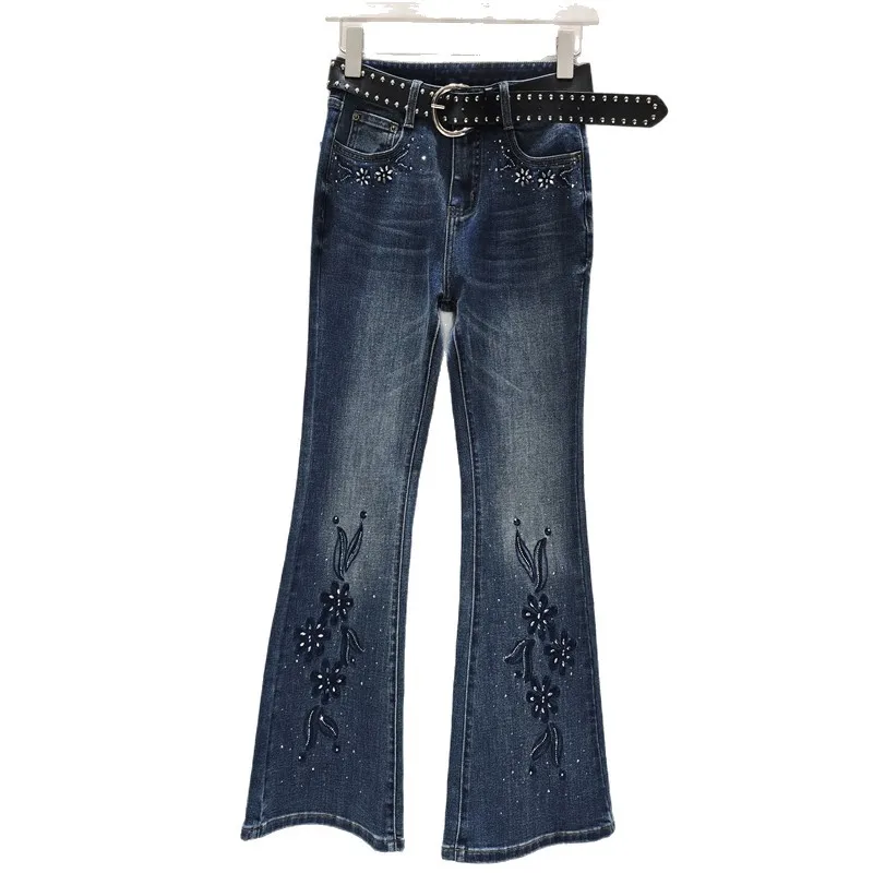 2026 New Spring Autumn Vintage Stretch High Waist Slimming Flare Jeans Women Embroidery Flowers Floor-length Blue Denim Pants