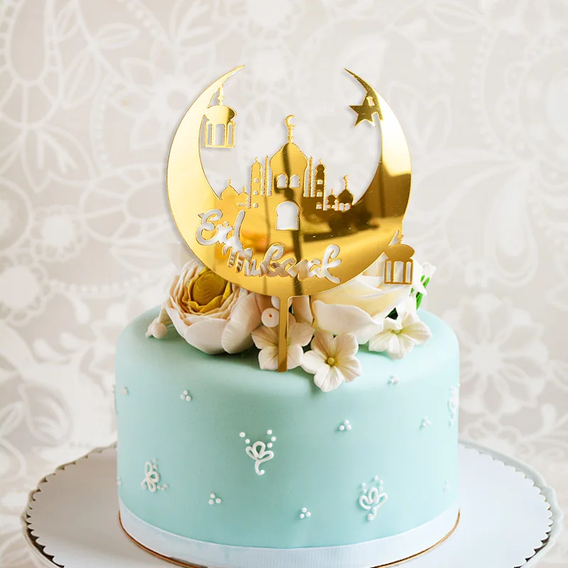 Acryl Eid Mubarak Kuchen Topper 1pc Gold Spiegel Ramadan Dekorationen Mit Mond Muster Dessert Dekoration Party Liefert