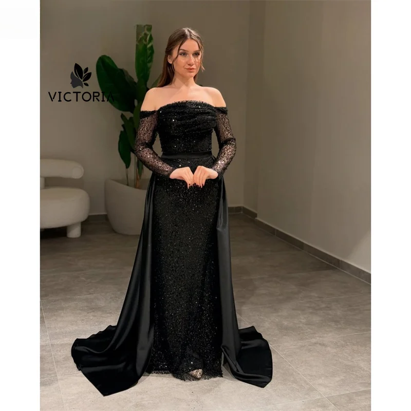 

Customized Off Shoulder Mesh Long Sleeves Prom Dresses Floor-Length vestidos de noche Beading Formal Evening 2025