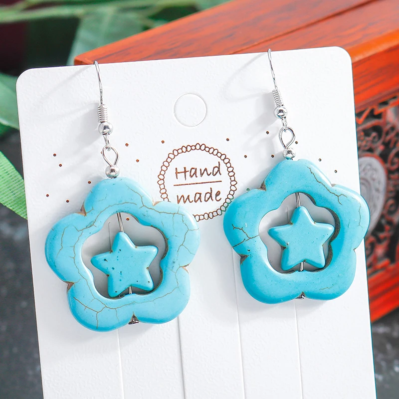 Böhmische türkisfarbene Stern-Tropfenohrringe für Frauen und Mädchen, Party, Urlaub, Schmuck, Geschenke – Detail 5