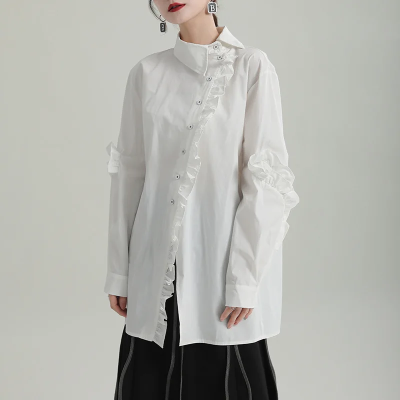 

Johnature Spring 2024 New Ruffled Long Sleeve Shirts Chinese Style Asymmetric Collar Mid-length Solid Color Women Blouses