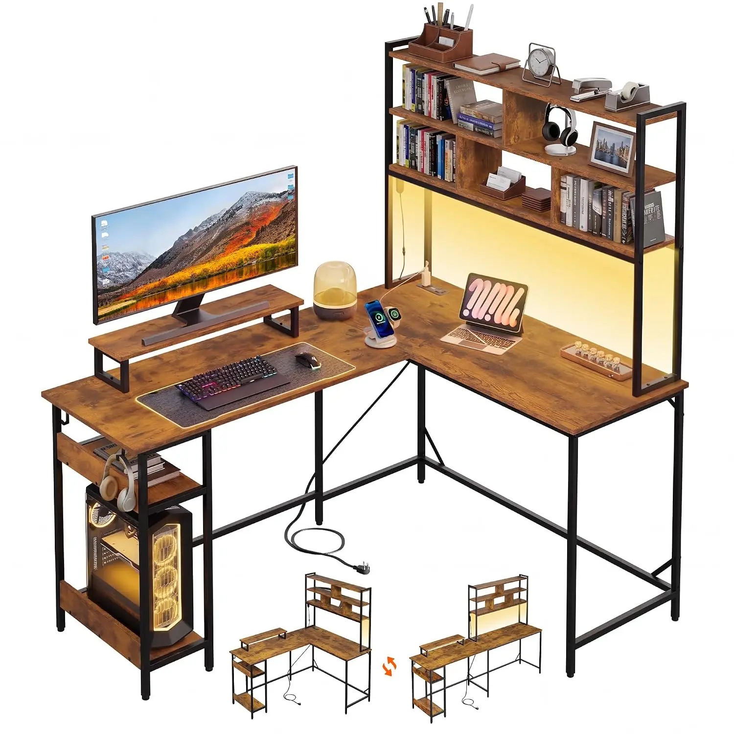 L Shaped Gaming Desk with Drawers LED Lights Power Outlets Monitor Stand Hutch 60 Inch, Customized