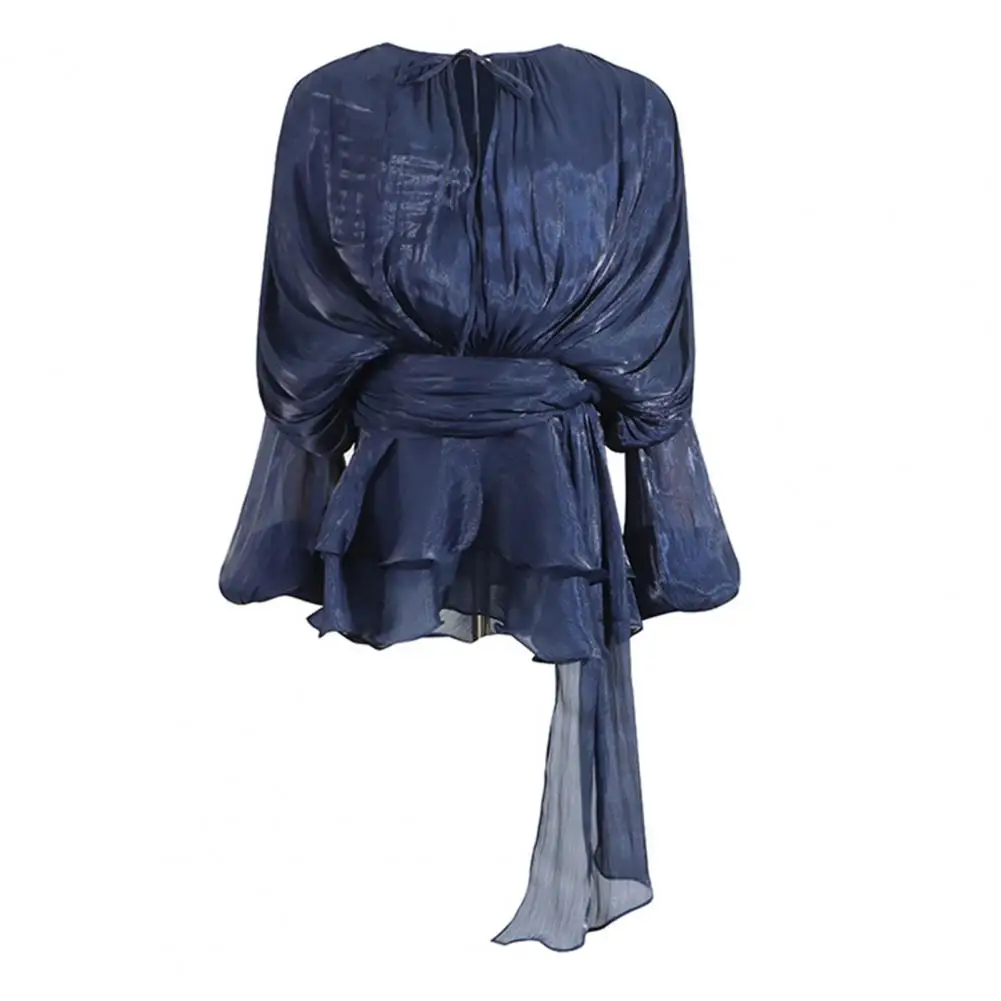 

Women Dress Shirt Lace-up Puff Sleeve Dress Shirt with Zipper Closure Stylish Round Neck Pullover Top for Wear