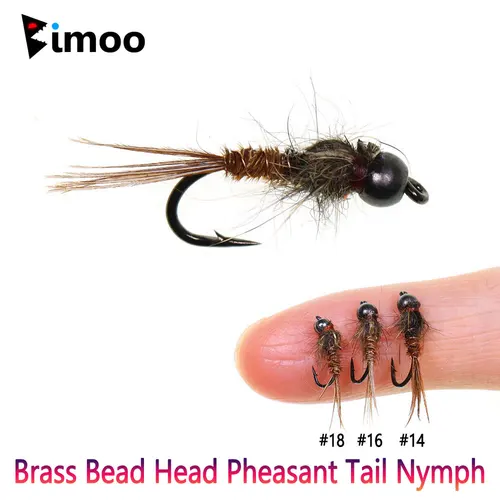 Bimoo 6PCS # 14 # 16 # 18 cabeza de cuentas de latón cola de faisán Ninfa oreja de liebre hundimiento rápido mosca húmeda trucha lubina Grayling Señuelos de pesca con mosca