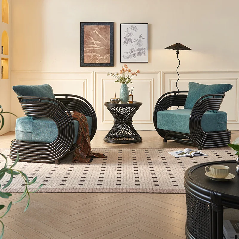 

French retro plant rattan chair modern simple balcony chair coffee table three-piece hotel homestay rattan sofa chair