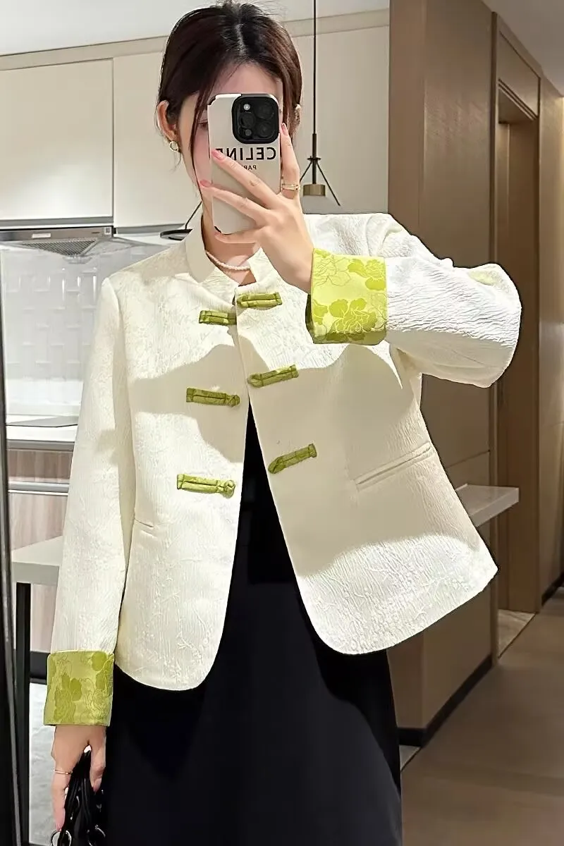 Chinese Style Knot Button Jacquard Coat 2025 Spring Autumn Women Short Jacket Female Retro Elegant Coat Office Lady White Top