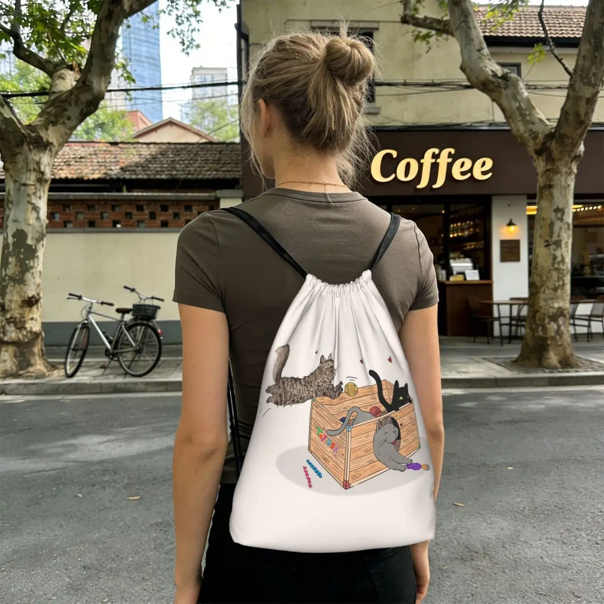 Three Kitten Wooden Box Pattern Backpacks Fashion Drawstring Bags Sundries Bag Book Bags for Man Woman Students