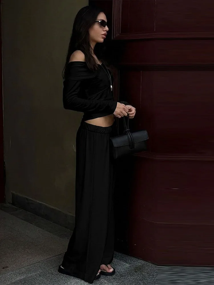 Casual Women's Solid Long Pants Set Slim One shoulder Full Sleeved Top Elastic Waist Wide Leg Pant 2026 Summer Lady Street Wear