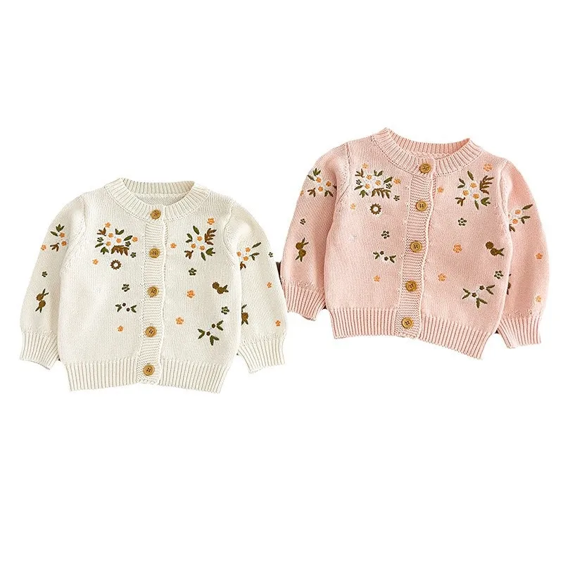 Floral Embroidery Cotton Yarn Knit Cardigan Stylish Versatile Baby Girls Sweater Outerwear for  66-100cm