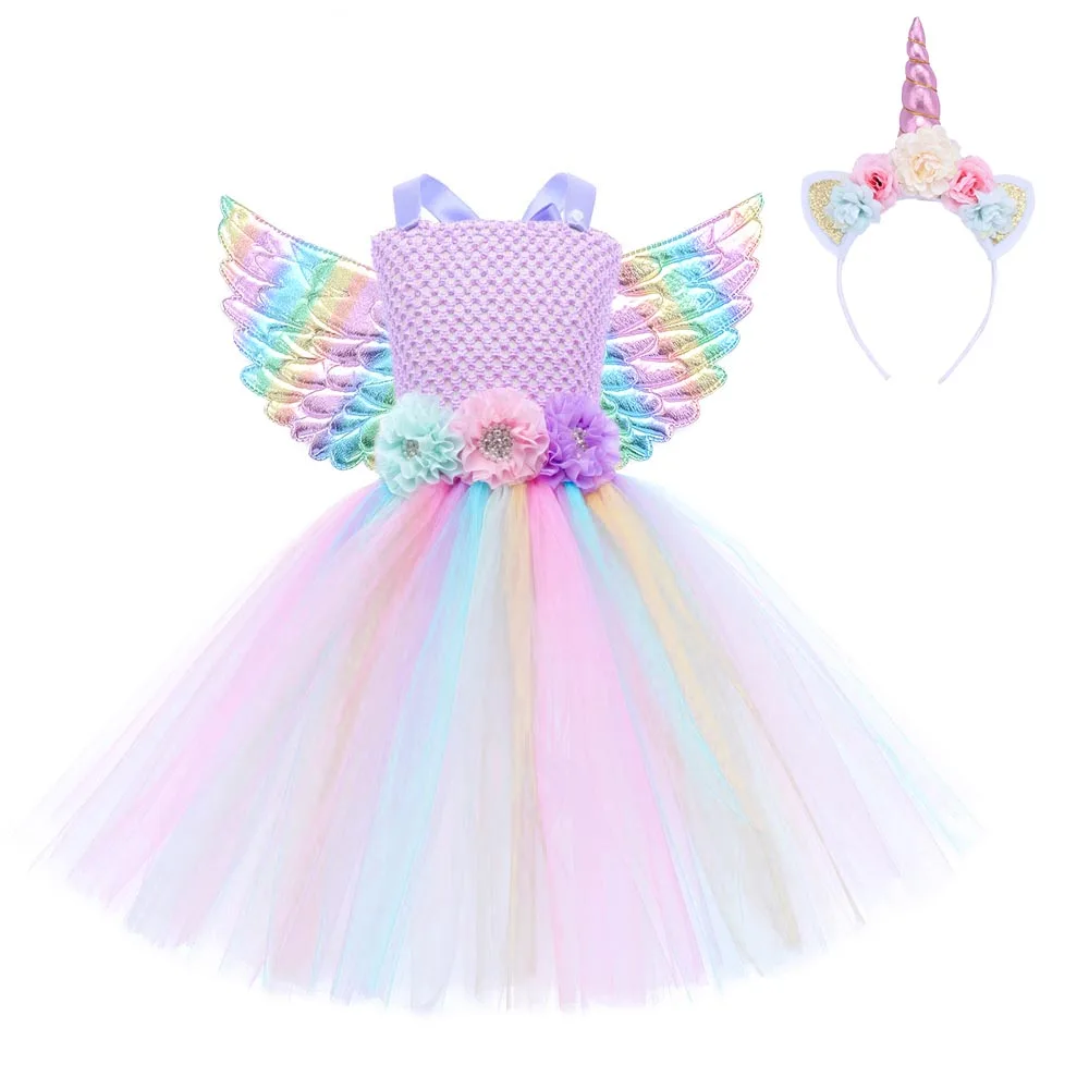 Girls Pastel Unicorn Tutu Dress Baby Birthday Party Outfit Teen Girl Wedding Dresses Flower Girls Princess Tulle Long Dress