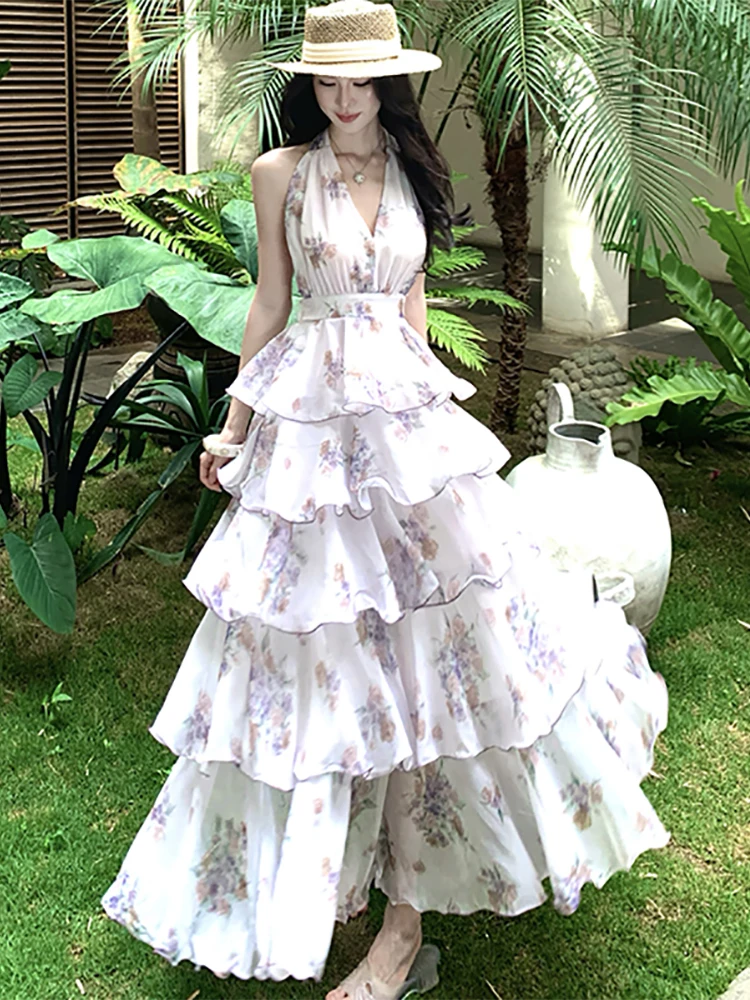 Summer Floral Chiffon Chic Ruffled Luxury Long Dress Women Elegant Neck-mounted Dress 2026 Korean Vintage Bodycon Evening Dress
