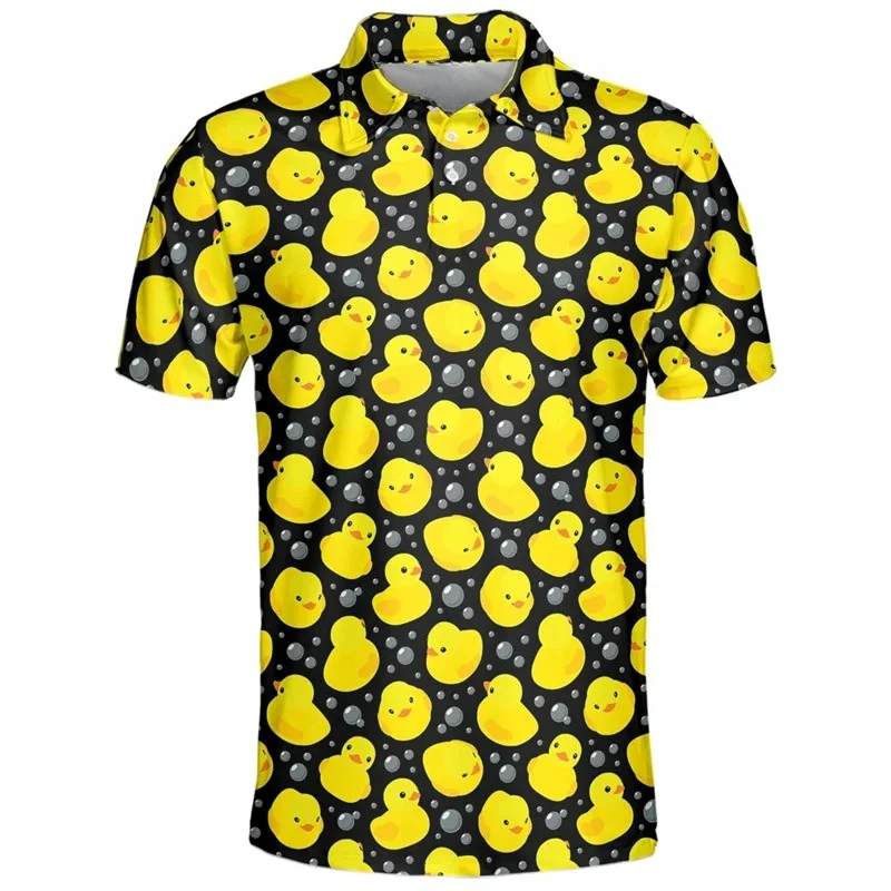 Cute Yellow Duck Pattern Golf Polo Shirt Men 3d Printed Cartoon Tennis Shirt Summer Street Loose Short Sleeve Tops Button Tees