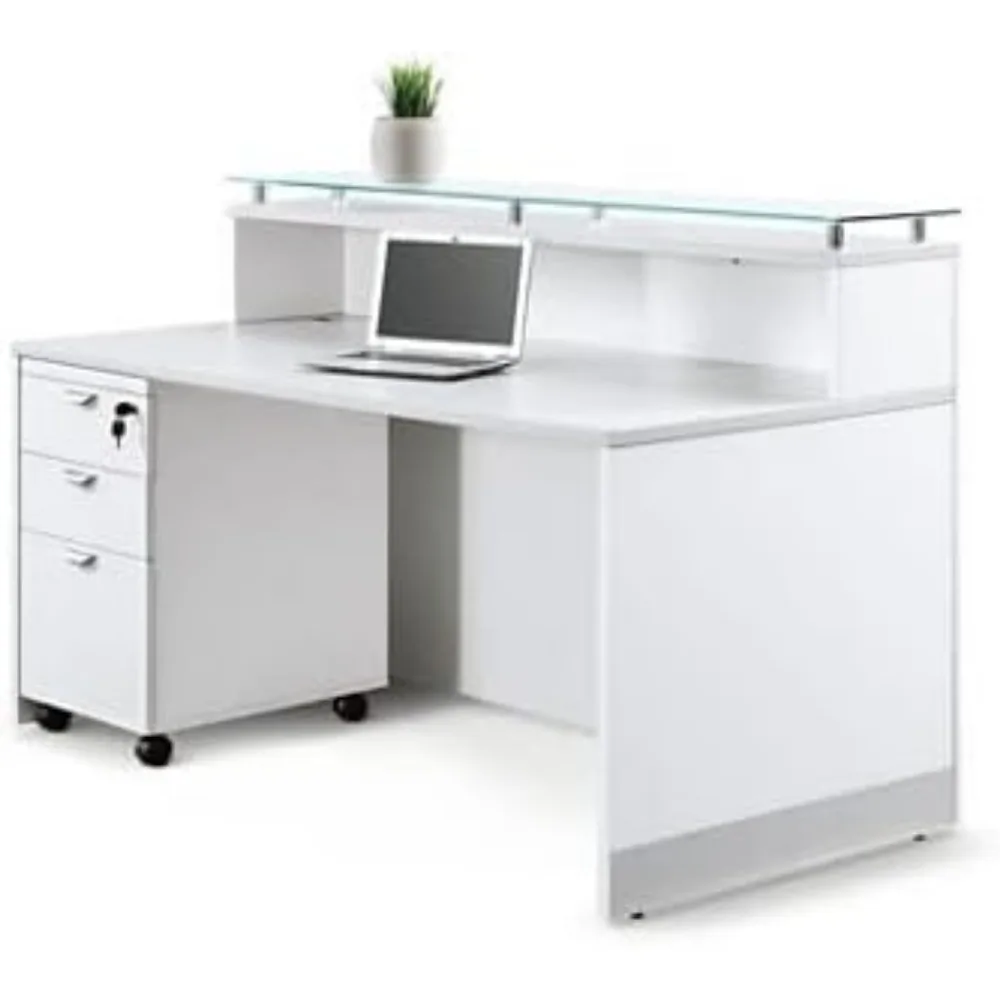 Reception Desks,Glass Top, Silver Laminate Desk, for Salon Reception Room Checkout Office,Living Room Counters