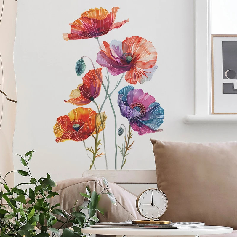 Lifelike Fresh Flowers Wallpaper 3D Painted Corn Poppy Vinyl Mural Stickers on the Door Wall for Home Decoration Aesthetic Rooms
