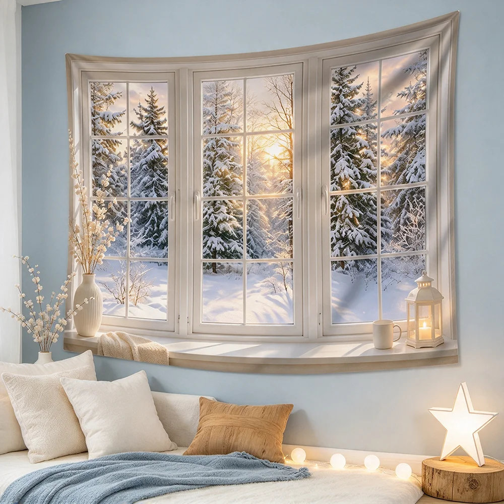 1PCS Tapestry, White Window Snowy Pine Trees Sunset View Scene, Holiday Party Decoration for Home Studio Wall