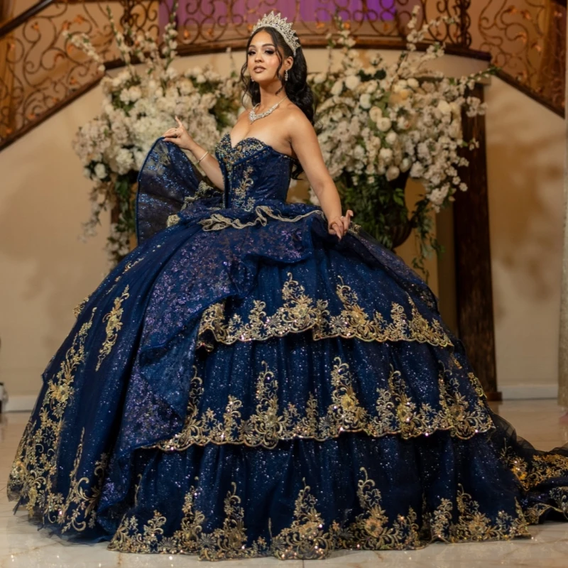 

Navy Blue Shiny Quinceanera Dresses Off The Shoulder Gold Applique Lace Beading Crystal Tiered Tull Corset Party Birthday Sweet