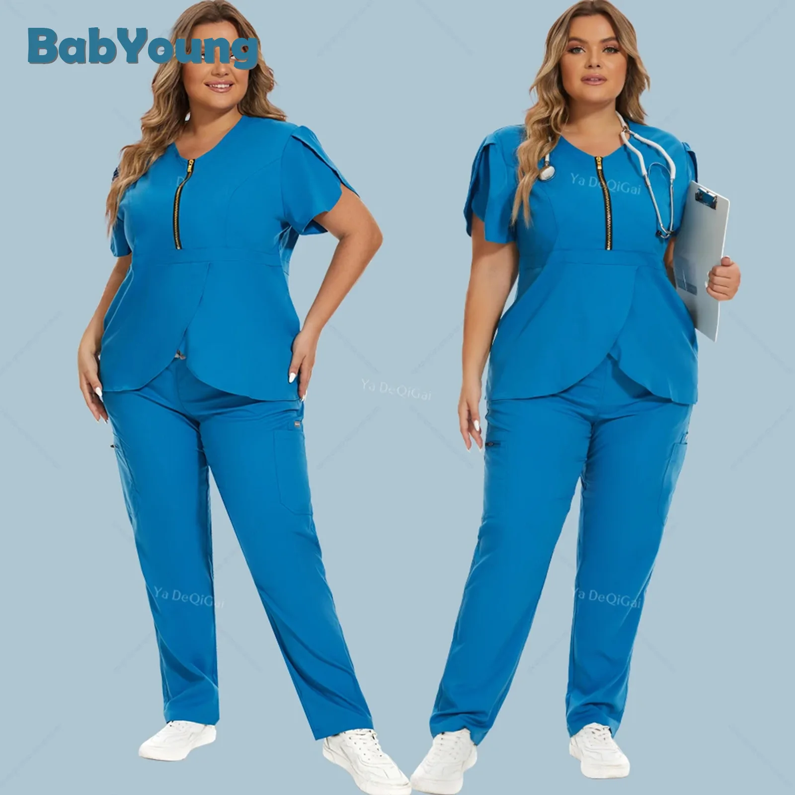 Blue Beauty Medical Nurse Uniforms Women Short Sleeve Blouse Pockets Pants Clinical Workwear Nursing Elastic Scrubs Set