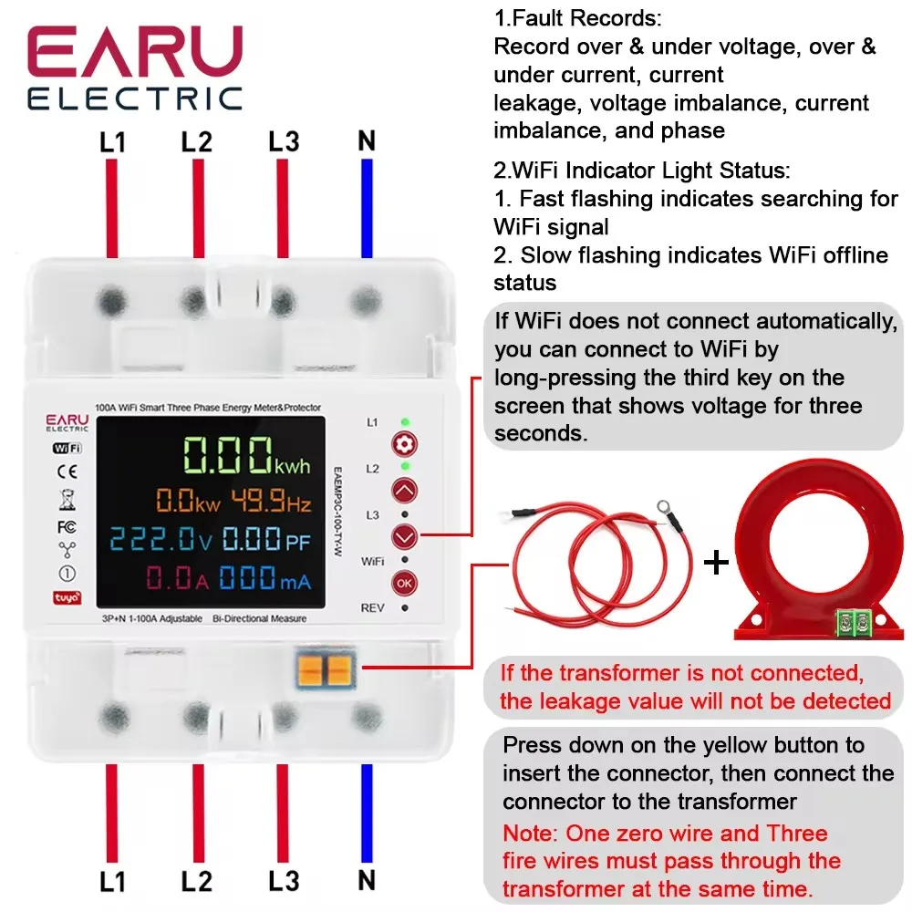 Imagem -02 - Medidor de Energia com Monitor de Consumo de Energia Monitor de Vazamento Sobretensão Relé de Proteção Limite de Corrente Aplicativo Tuya 100a Kwh Inteligente