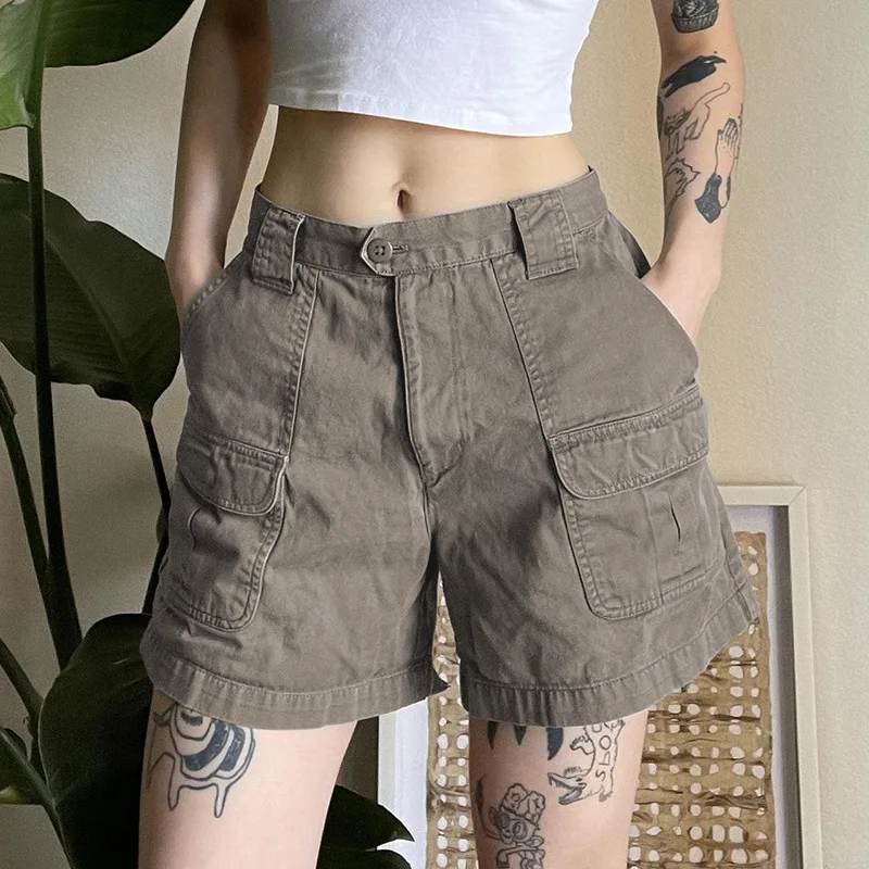 

Sean Tsing® American Style Denim Cargo Pants Women High Waist Solid Color Short Trousers Streetwear Casual Loose Cowboys Bottoms