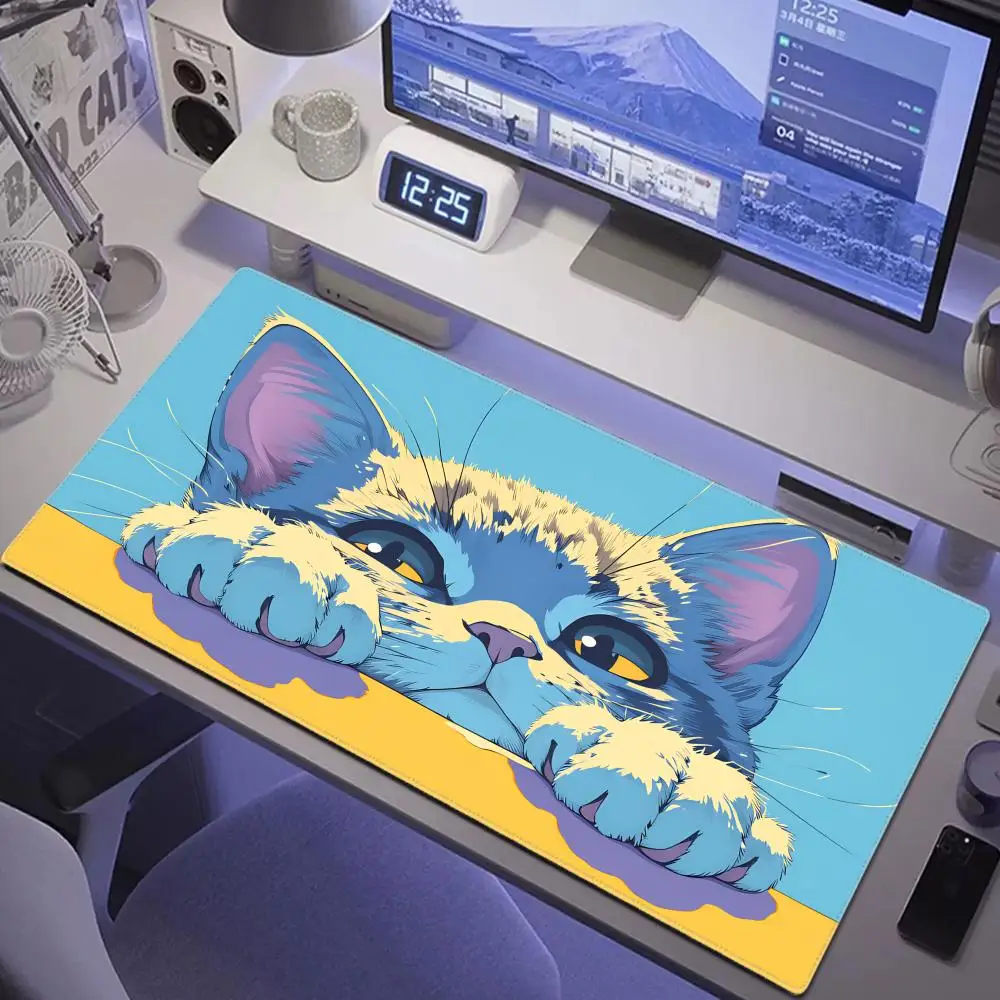 

HYBXAXC Cute Blue Cat Desk Mat, Large Gaming Mouse Pad, Kawaii Aesthetic Waterproof Desk Blotter