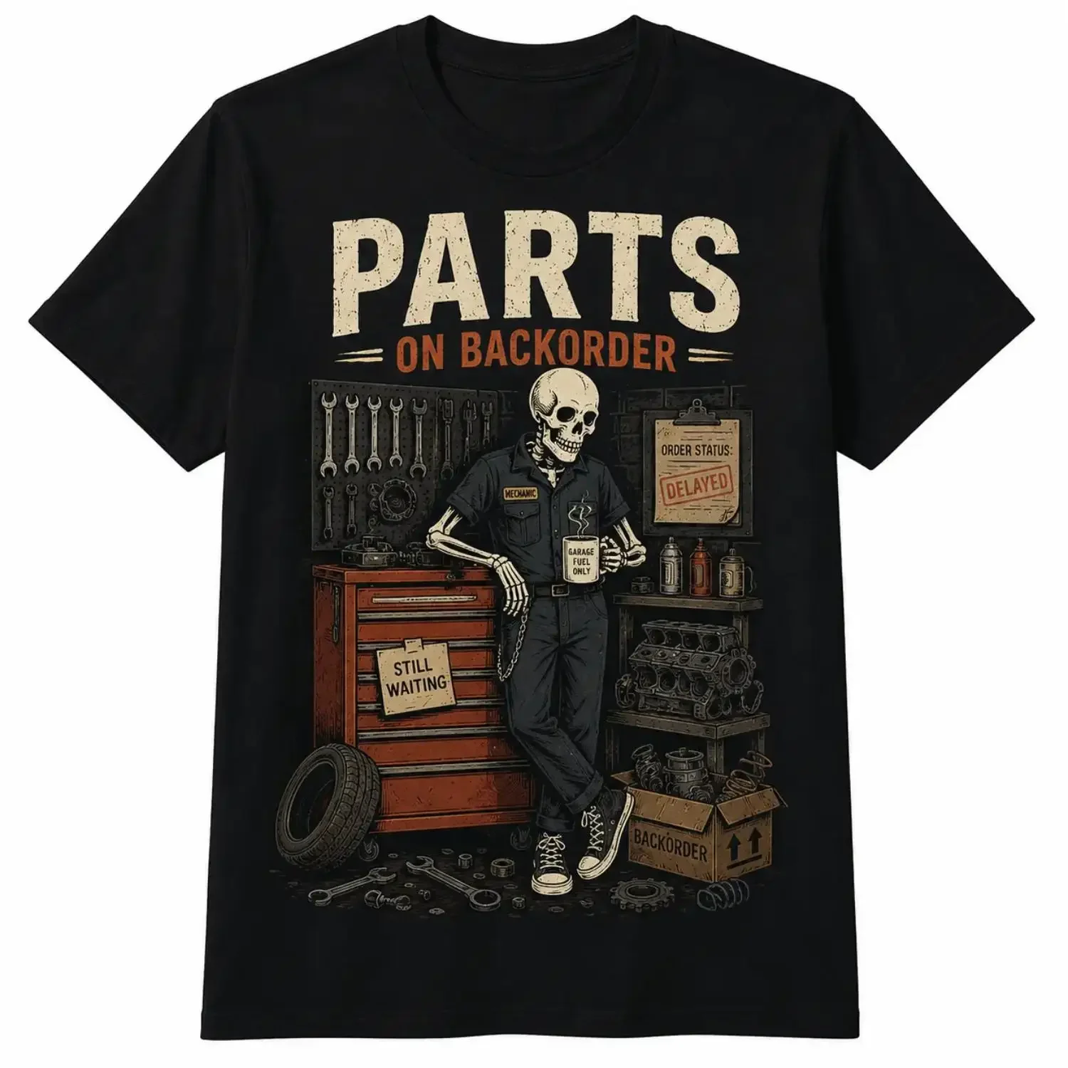 Waiting On Parts Funny Skeleton Auto Mechanic Technician T-Shirt For Men Women Couple | Trendy Tops Short Sleeve, Street Style, Comfort Tee, Casual Summer Tee, Must-Have Fashionable Tee