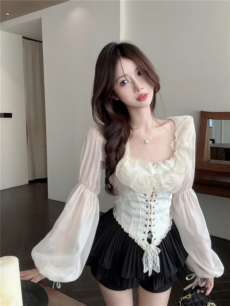 Sexy Shirts Women Korean Fashion Lace Shirt 2024 Spring New Lantern Sleeve Slim Waist Irregular Short Camisas De Mujer