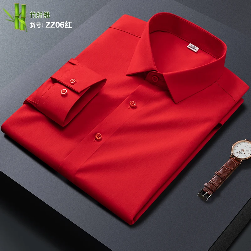 Koszula męska z włókna bambusowego w jednolitym kolorze 2025 - elegancka, codzienna, stylowa odzież męska, wygodna, oddychająca, z długim rękawem