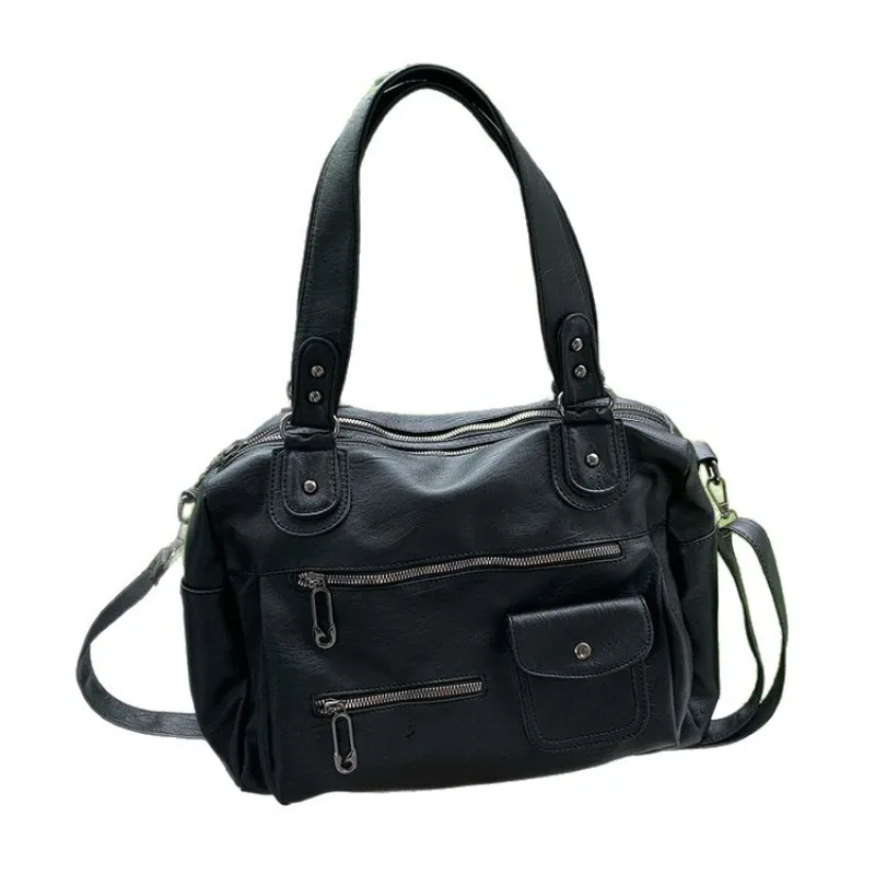

2025 Retro Multi - Pocket Leather Bag, Large Capacity, Single Shoulder & Crossbody, Fashion Tote for Commute & Travel