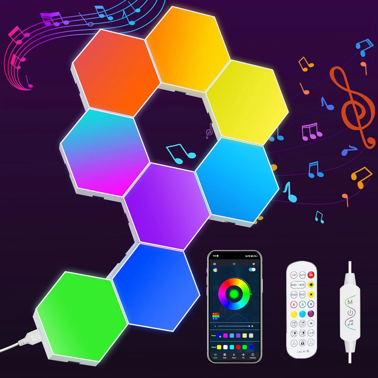 8 Pack Hexagon Lights LED Wall Panels RGB Gaming Lights with APP & Remote Control Music Sync Light for Bedroom Living Room Wall