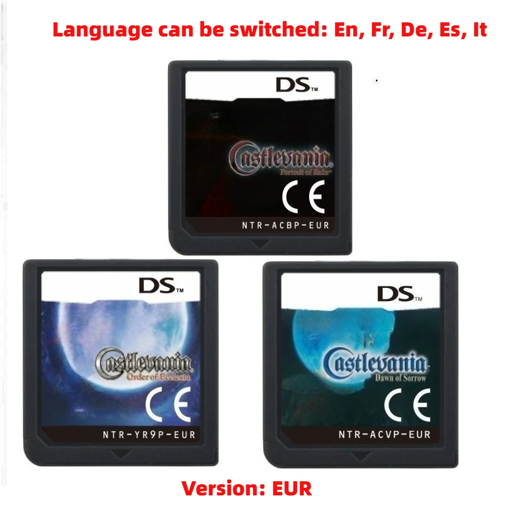 Cartuchos de juego NDS: Castlevania Dawn of Sorrow, Portrait of Ruin, Order of Ecclesia, se pueden cambiar entre varios idiomas