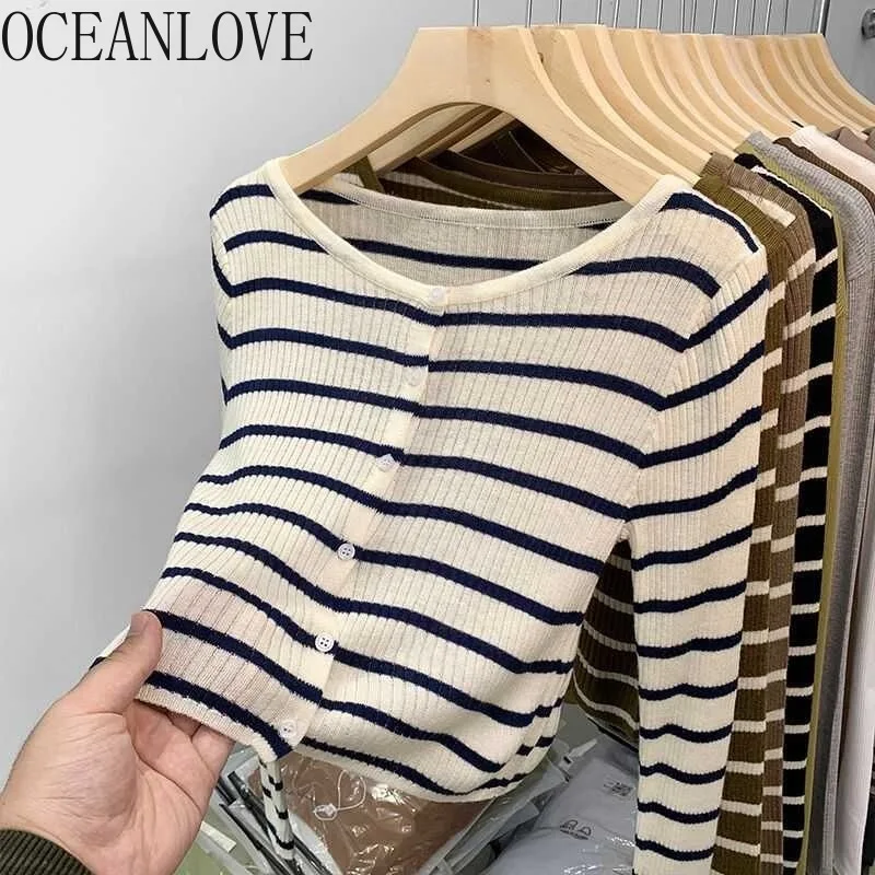 

OCEANLOVE Thin Short Cardigans Stripes Autumn Winter Vintage Korean Fashion Woman Sweaters Chic Elegant Simple Sueter Mujer