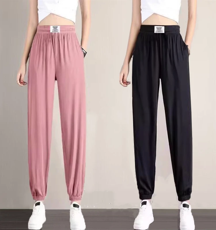 

Женские широкие брюки из ледяного шелка в корейском стиле, летние, тонкие, повседневные, свободные, струящиеся, укороченные, модные