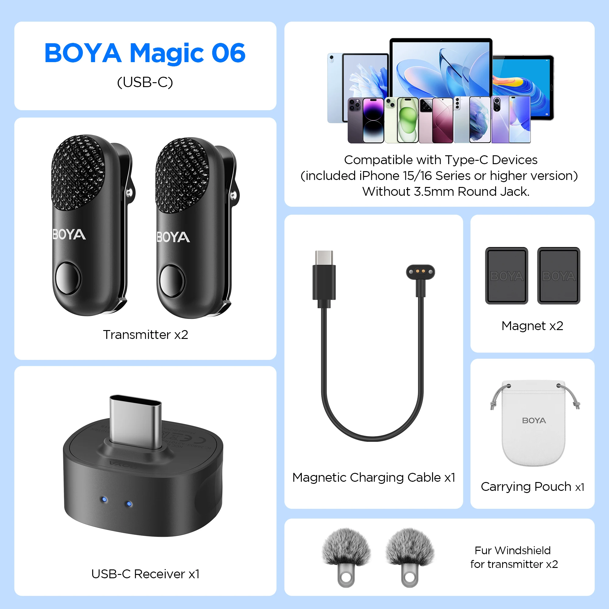 BOYA Magic Wireless Lavalier Microphone 4 Forms in 1 Mic for iPhone Android USB-C Phone Camera for Interview Live Streaming