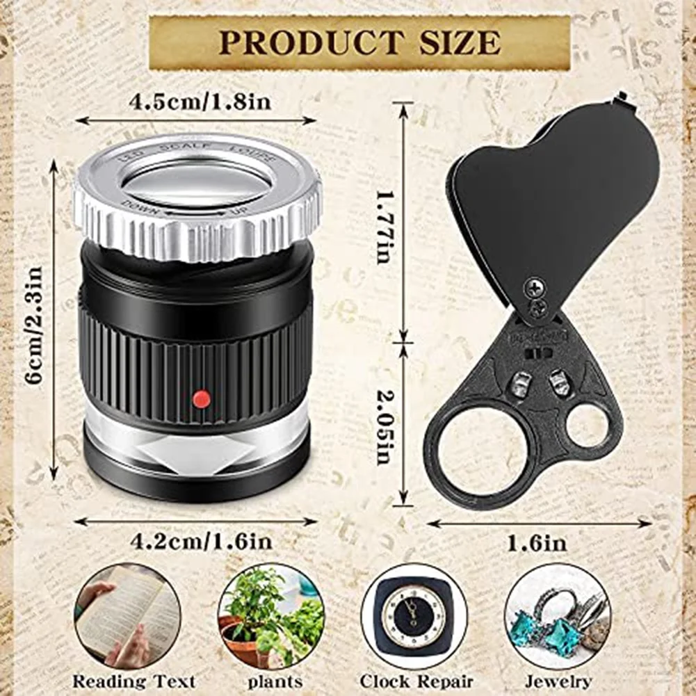 THIVN-2Pcs Loupe Magnifier,30X 60X Illuminated Loupe Magnifier With LED Light Magnifying Glass Eye And 30X Loupe Magnifier